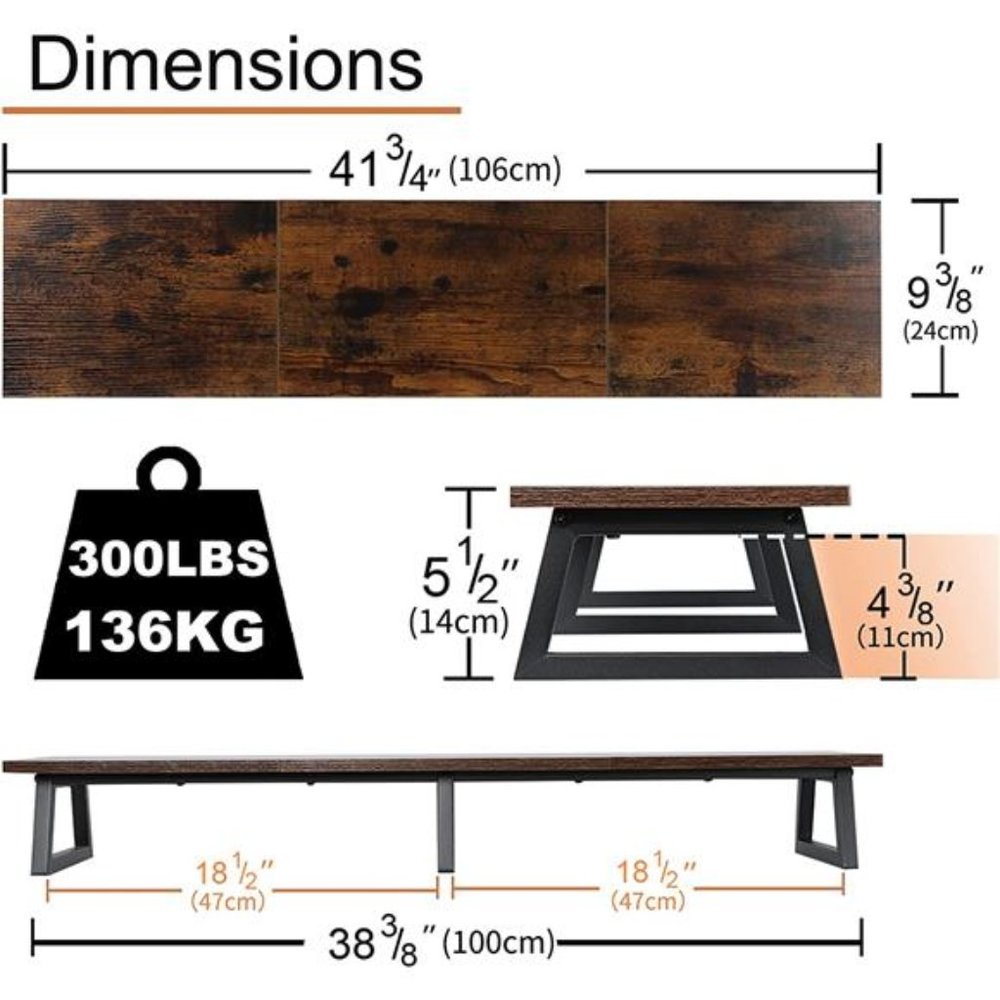 42 inch Large Dual Monitor Riser, Rustic Brow Wood & Steel Desktop Riser - Picture 4 of 6